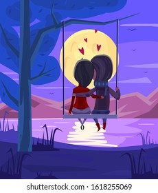 Two lovers sitting on a swing at sunset on the ocean. Modern design stylish illustration. Retro flat vector background. Valentines Day Card.