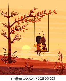Two lovers sitting on a swing at sunset on the ocean. Modern design stylish illustration. Retro flat vector background. Valentines Day Card.