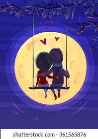 Two lovers sitting on the swing on the moon background. Modern design stylish illustration. Retro flat vector background. Valentines Day Card.