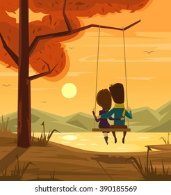 Two lovers sitting on swing at sunset. Vector flat cartoon illustration