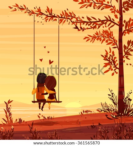 Two lovers sitting on a swing at sunset on the ocean. Modern design stylish illustration. Retro flat vector background. Valentines Day Card.