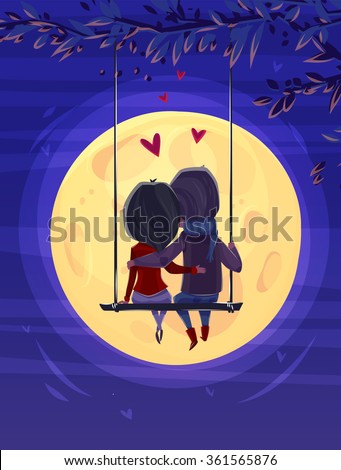 Two lovers sitting on the swing on the moon background. Modern design stylish illustration. Retro flat vector background. Valentines Day Card.