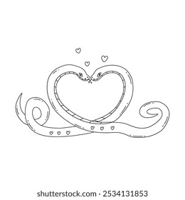 Dos serpientes amantes entrelazadas en forma de corazón. Día de San Valentín. Sobre fondo blanco. Vector blanco y negro ilustración aislada dibujado a mano doodle. Símbolo del nuevo año 2025. Concepto de amor