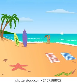 Two lovers standing by the seashore on a sandy beach next to surfboards. Vector illustration Empty beautiful sea beach with starfish and couple of surfboards. sandy summer beach for relaxation. A few