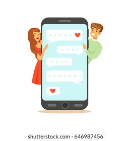 Two lovers standing near a big smartphone and communicatitng character vector Illustration