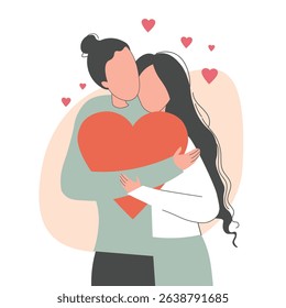 Two lovers in a tender embrace, expressing deep feelings, a flat illustration of a young man and woman experiencing the emotion of love. Hand drawn, not AI