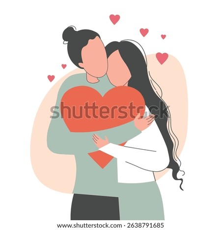 Two lovers in a tender embrace, expressing deep feelings, a flat illustration of a young man and woman experiencing the emotion of love. Hand drawn, not AI