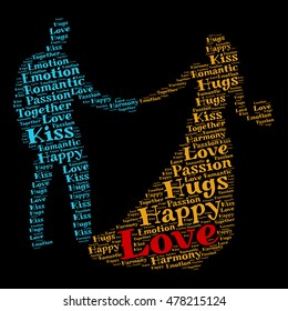Two lovers together. Shapes filled with words. Vector illustration.