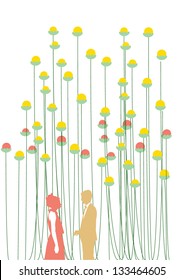 two lovers under a rain of flowers