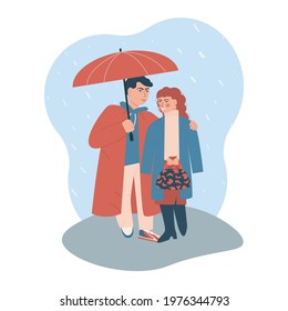 Two lovers under umbrella. Sweet modern couple. Autumn cozy vetor illustration, isolated on a white background.