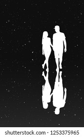 Two lovers walk after rain at night. Vector illustration with silhouette of loving couple under starry sky. Inverted black and white