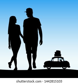 Two lovers walk on beach. Vector illustration with silhouette of loving couple and cartoon retro car. Family road trip. Blue pastel background
