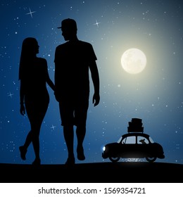 Two lovers walk on beach on moonlit night. Vector illustration with silhouette of loving couple and retro car. Family road trip. Full moon in starry sky