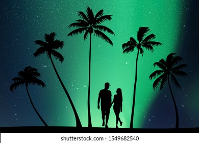 Two lovers walk on palm beach at night. Vector illustration with silhouettes of loving couple and tropical trees. Northern lights in starry sky. Colorful aurora borealis