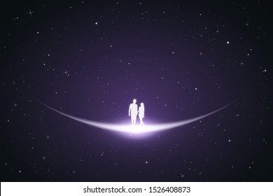 Dois amantes andam no espaço. Ilustração conceitual vetorial com silhueta branca do casal amoroso. Fundo abstrato violeta com estrelas e contorno brilhante