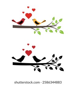 Two Loving Birds with Hearts on a Tree Branch. Animals, wildlife and love concept vector art