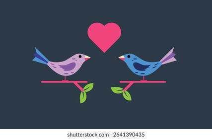 Two Loving Birds on a Tree Branch Flat Style. Animals and wildlife concept vector art