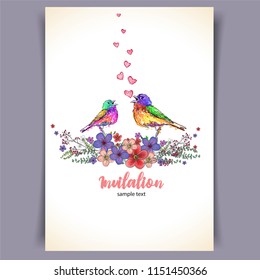 Two loving birds sit on a tree branch , love hearts, spring flowers, vector illustration card