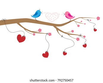 Two loving birds sit on a tree branch and sing. Vector illustration.