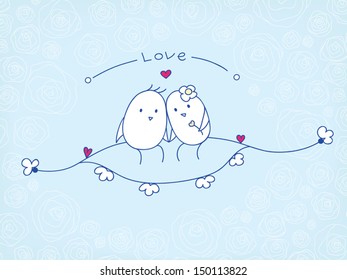 two loving birds sitting on a branch in an embrace. vector illustration. 