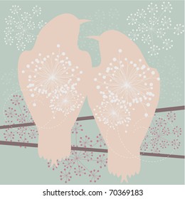 Two loving birds sitting on a wire - romantic vector background