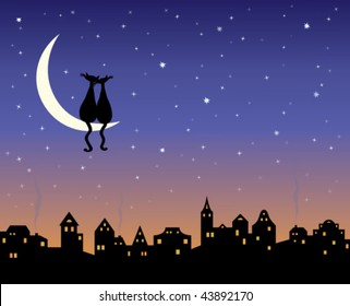 Two loving cats on a moon above the night city skyline.