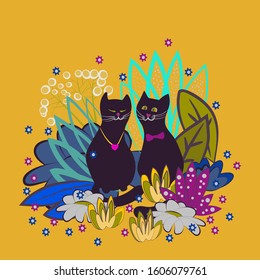 Two loving cats sit among fantastic flowers. Valentine's day card with romantic background. Colorful vector illustration with decorative elements and funny characters.