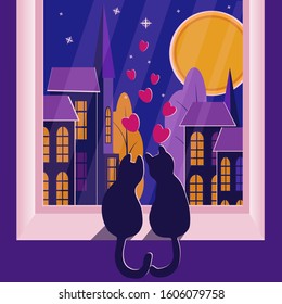 Two loving cats sit on the window and look at the night city, the sky and the moon. Romantic background for a postcard, invitation or banner. Vector illustration for Valentine's Day.