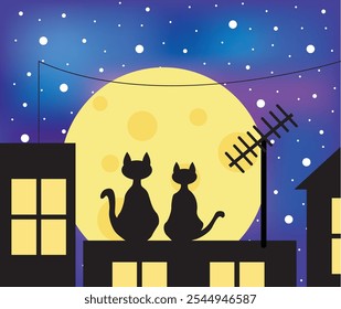 Two Loving Cats Sitting on the Roof in the Moonlight. Animals and city night wildlife outdoors concept vector art