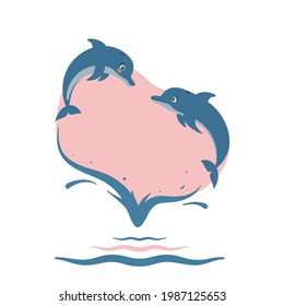 Two loving dolphins in a jump and a heart. Color vector illustration for Valentine's day, weddings cartoon style. White isolated background.