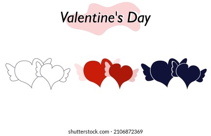 Two loving hearts with angel wings. In color, solid and linear versions. A symbol of love and a Valentine Day holiday. Vector illustration.