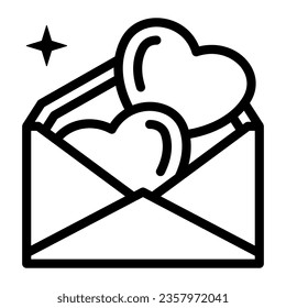 Two loving hearts in envelope line icon, Valentines Day concept, wedding invitation sign on white background, Valentines day letter with hearts icon in outline style. Vector graphics