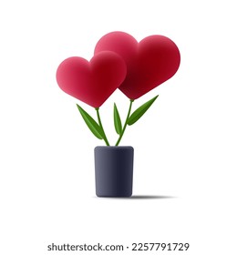 dos corazones amorosos creciendo en un lanzador de planta, ilustración de estilo de interpretación 3d
