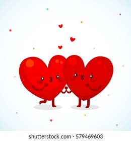 Two loving hearts, kiss and hug, the relationship of lovers, cartoon characters.