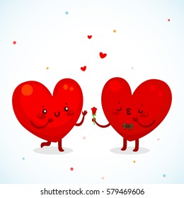 Two loving hearts, the man gives a flower, the relationship of lovers, cartoon characters.