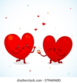 Two loving hearts, the man makes a proposal of marriage, the relationship of lovers, cartoon characters.