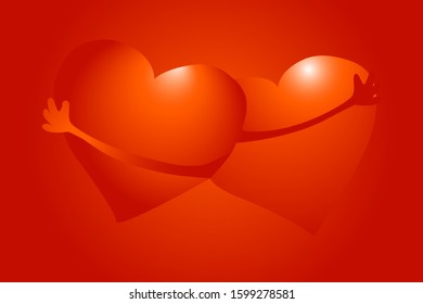 Two loving hearts. National Hugging Day. Valentine's day. Posters, envelopes or cards design. Red background. Vector illustration
