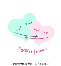 Two loving hearts with text together forever. Pink and blue. Vector illustration. Isolated background