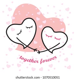 Two loving hearts with text together forever. Vector illustration. Isolated background