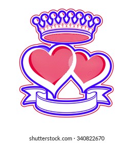 Two loving hearts vector illustration with imperial crown. Royal couple elegant symbol isolated on white background. Valentines day romantic design element, best for use in advertising.