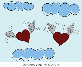 Two Loving Hearts with Wings in the Sky Cartoon. International winter holiday for friends and lovers Valentine's Day vector