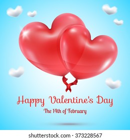Two loving intertwined red ribbon connected balloons vector illustration on blue sky and clouds hearts background greeting text Happy Valentines Day February 14