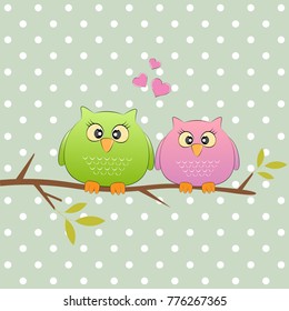Two loving owls, happy birds are sitting on a tree. Picture for t-shirt graphics for kids and other uses. Greeting card.
