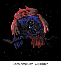 Two loving owls sitting on a tree. Illustration on a black background