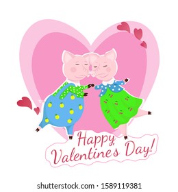 Two loving pigs in clothes dancing together near two pink and big hearts. Vector greeting card isolated on white background and text Happy Valentine's Day.