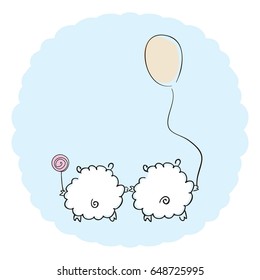 two loving sheep with balloon and candy on a blue background. Vector illustration. 