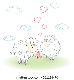 Two loving sheep stand in a field, they fly around the hearts. Vector illustration of couple lamb in love.
