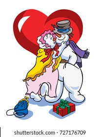 Two loving snowmen and a gift on the background of the heart. Postcard to the New Year, Valentine's Day, birthday, etc.