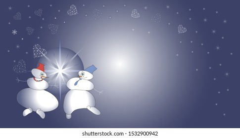 Two loving snowmen in space in a whirlwind of snowflakes on blue background. Christmas, New year, love, magic. Vector illustration for greeting card, poster with copy space for your text.