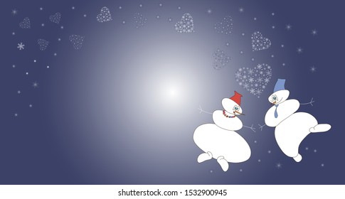Two loving snowmen in space in a whirlwind of snowflakes on blue background. Christmas, New year, love, magic. Vector illustration for greeting card, poster with copy space for your text.